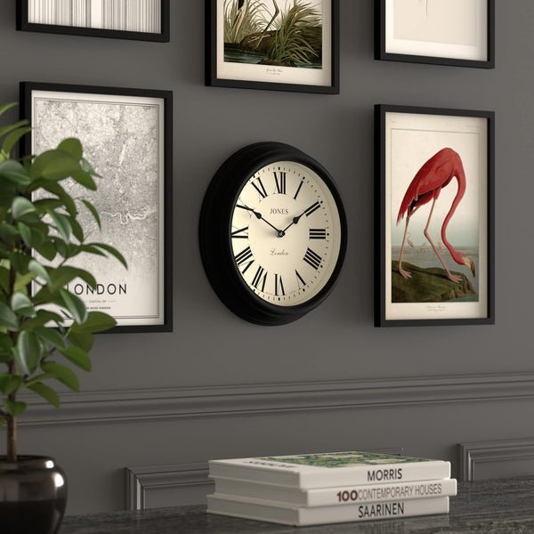 Jones Clocks Venetian wall clock | Classic round clock | 30cm | Black | Roman numerals | Traditional design ideal for kitchen, living room or bedroom