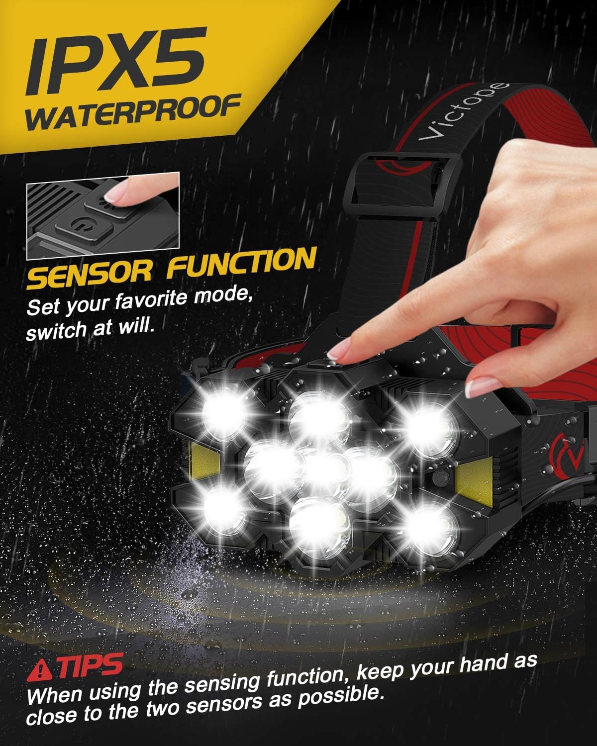 Victoper Head Torch Rechargeable v10000 Upgraded 22000 Lumen Torches LED Super Bright Headlight 10 LEDs Modes Hands-Free Flashlight for Camping Fishing Cycling Hiking Waterproof, Black