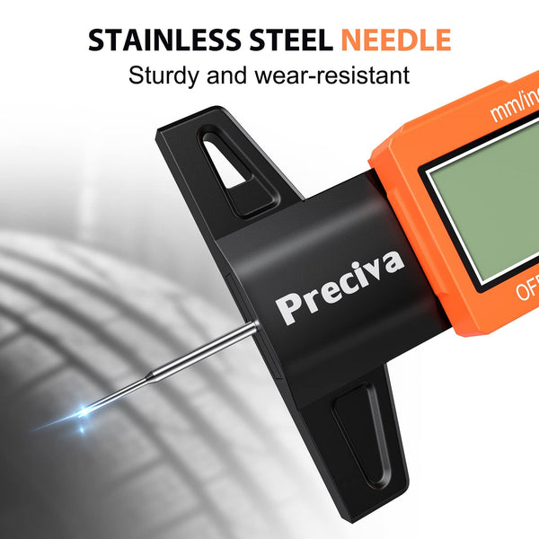 Tyre Tread Depth Gauge, Preciva Silver 0-25.4mm/Inch Digital Tire Checker UK, Tyres Depths Measuring Tool with Large LCD Screen for Cars, Trucks, Vans
