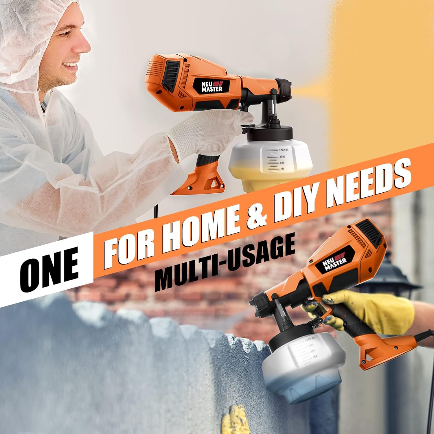 NEU MASTER Paint Sprayer, Orange Fence Paint Sprayer,[500W/1200ml/4 Nozzles/3 Patterns] HVLP Electric Spray Gun for Home Interior and Exterior, Cabinets, House, Fence, Ceiling