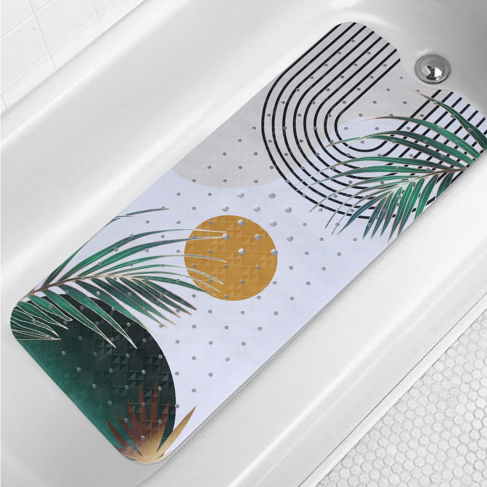Boho Bathtub Mat Non Slip 40x16in Palm Leaves Extra Long Bath Mat for Tub Bohemian Abstract Art Anti Slip Shower Mat for Bathroom with Large Drain