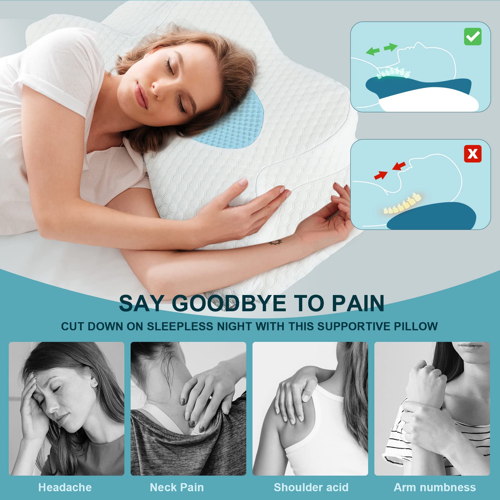 Cervical Memory Foam Pillow for Neck Pain Relief, 2 in 1 Orthopedic Sleeping Pillow, Shoulder Pain Ergonomic Head Neck Support Pillow for