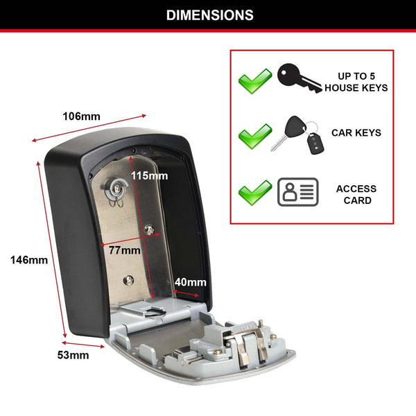 MASTER LOCK Extra Large Key Safe Wall Mounted, XL 106 x 146 x 53 mm, Outdoor, Mounting Kit, for Home Office Industries Vehicles, Black & Silver