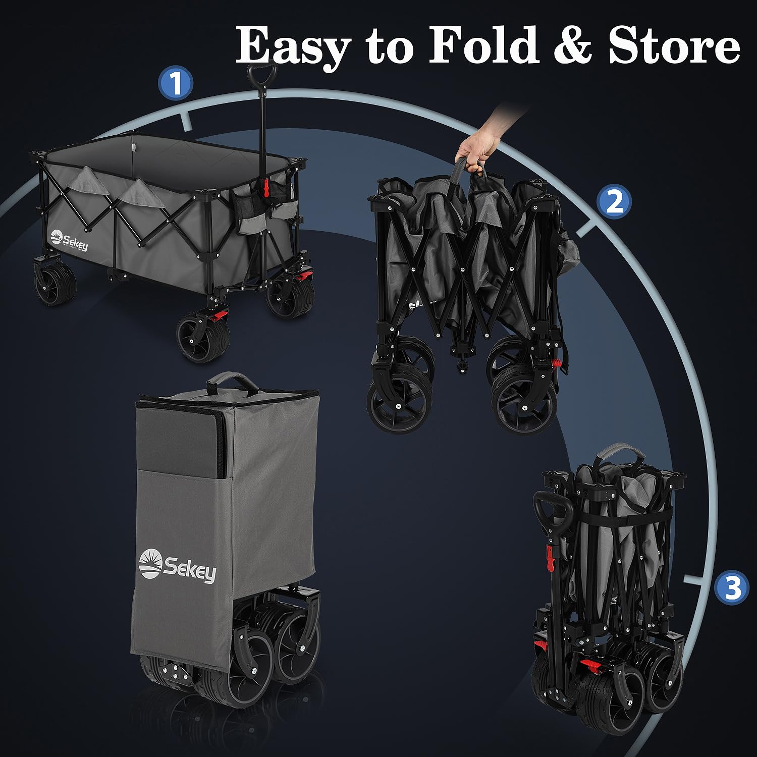Sekey 200L Folding Festival Trolley with All-Terrain Extra Wide Wheels and Brake, Heavy-Duty Cart Loadable up to 150KG, Patented Four-Directional Foldable Design, Wagon for Beach Camping Outdoor, Grey