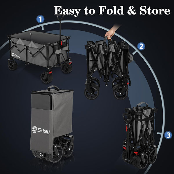 Sekey 200L Folding Festival Trolley with All-Terrain Extra Wide Wheels and Brake, Heavy-Duty Cart Loadable up to 150KG, Patented Four-Directional Foldable Design, Wagon for Beach Camping Outdoor, Grey