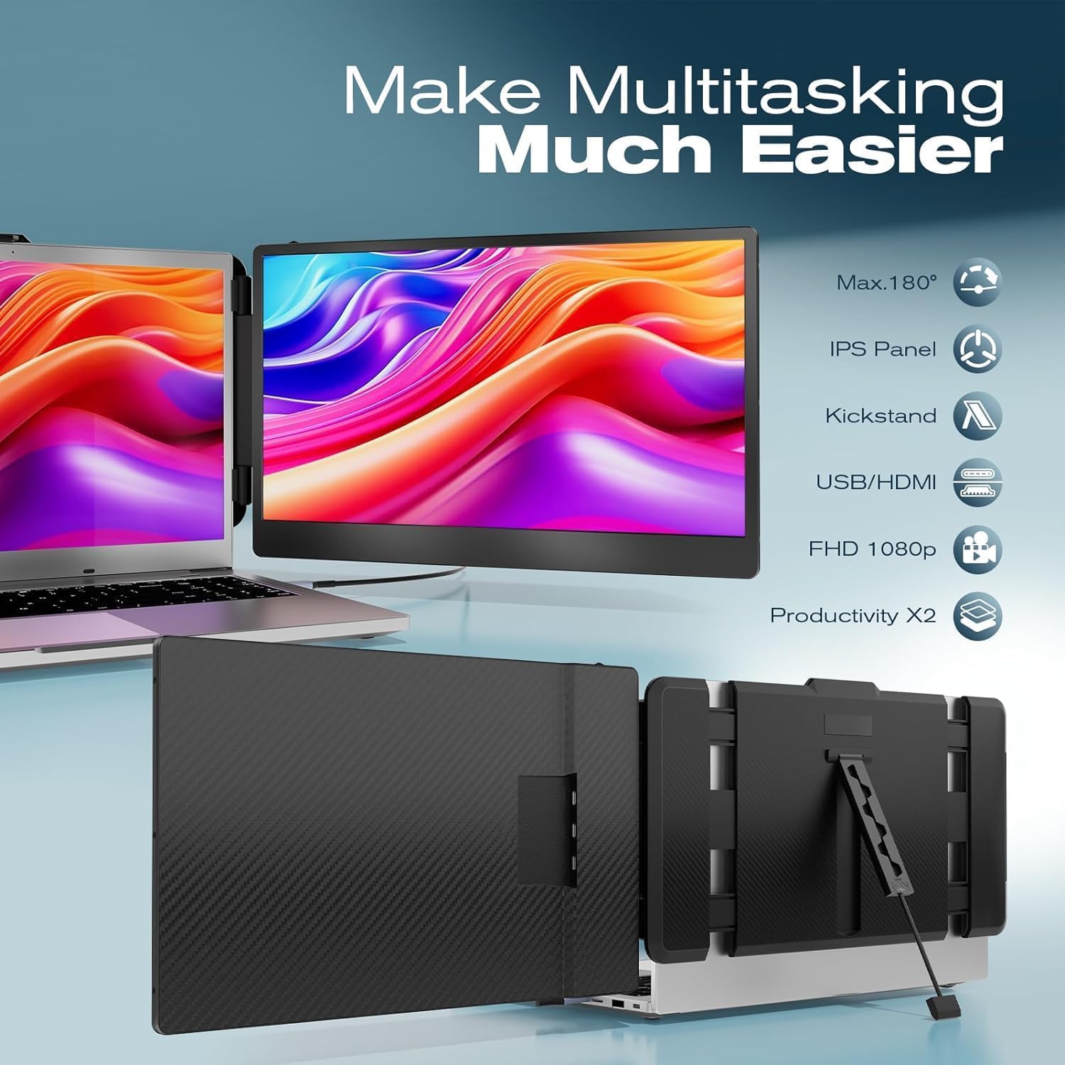 Teamgee 15.6” Laptop Screen Extender, 1080P FHD IPS Portable Monitor Compatible with 13”-17”Laptops, Slim Bezel-less Screen Extender with Detachable, Plug-Play for Mac, Windows, Android & Chrome