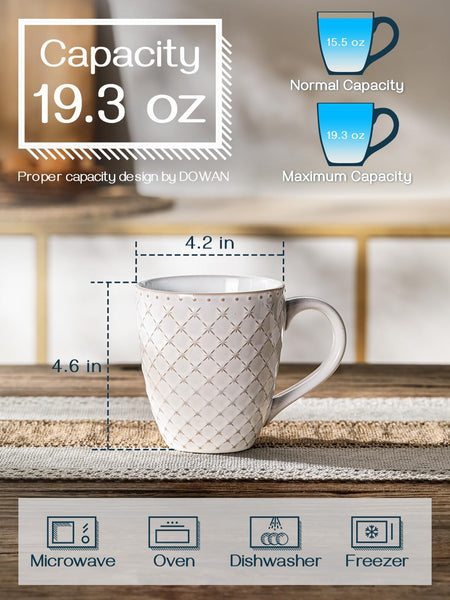 DOWAN Coffee Mugs Set of 6-19 oz Large Mug - Ceramic Embossment Stoneware Tea Cups with Handle for Hot Chocolate - Handcrafted Mug Gift Set for Men
