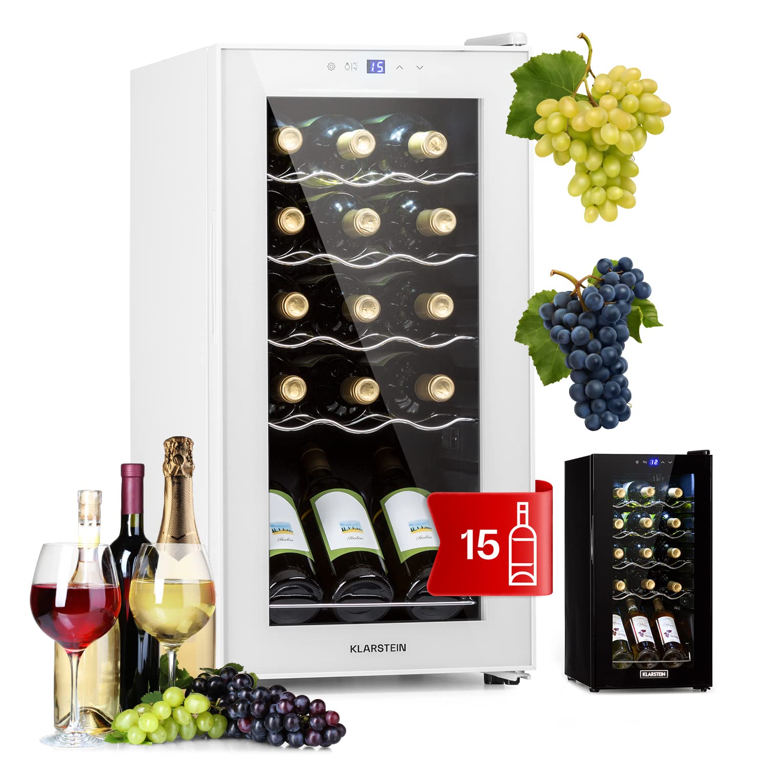 Klarstein Wine Refrigerator, 1 Zone Beverage Refrigerator with Glass Door, Quiet Indoor/Outdoor Refrigerator, 41 L Bottle Refrigerator Small, Wine Cabinet for Drinks, Wine Cooler for 14 Bottles