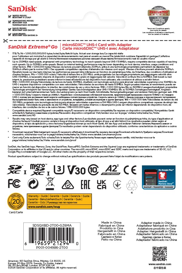 SanDisk 128GB Extreme microSDXC card +SD adapter, microSD card for smartphones, action cameras, drones, V30, up to 190 MB/s, SanDisk QuickFlow Technology, RescuePro Deluxe, UHS-I, 4k, V30, A2, U3