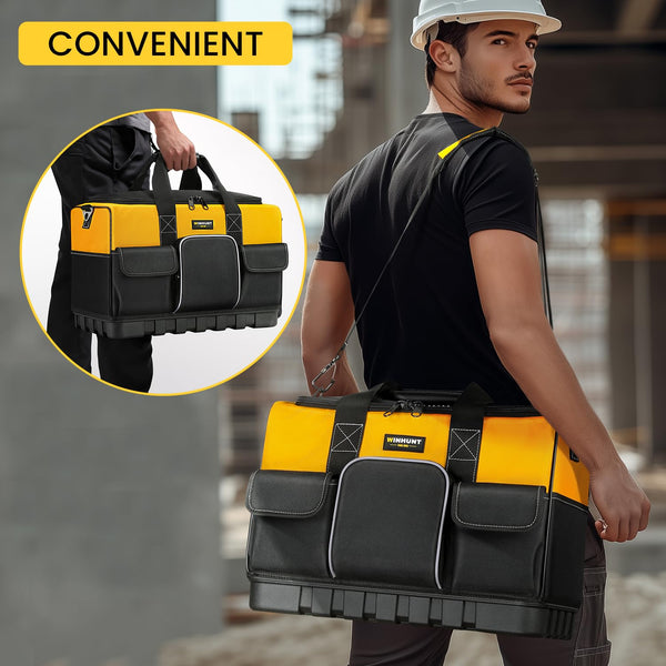 WINHUNT Open Mouth Tool Bag, Heavy Duty Electrician Tool Bags, Tool Storage Organiser with Waterproof Hard Base, Yellow/Black, 16 Inch