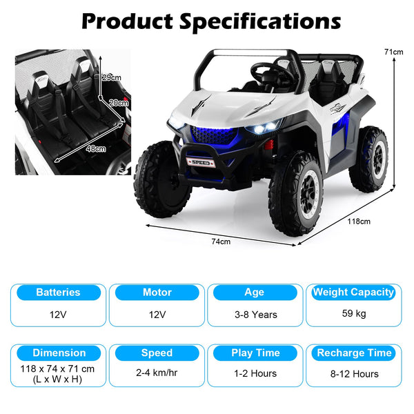 Kids Electric UTV, 2-Seater 12V Battery Powered Toy Car with Remote Control, Lights, Bluetooth, MP3, USB, FM, High/Low Speed & Suspension Spring, Children Ride on Car for 3-8 Years Old (Yellow)
