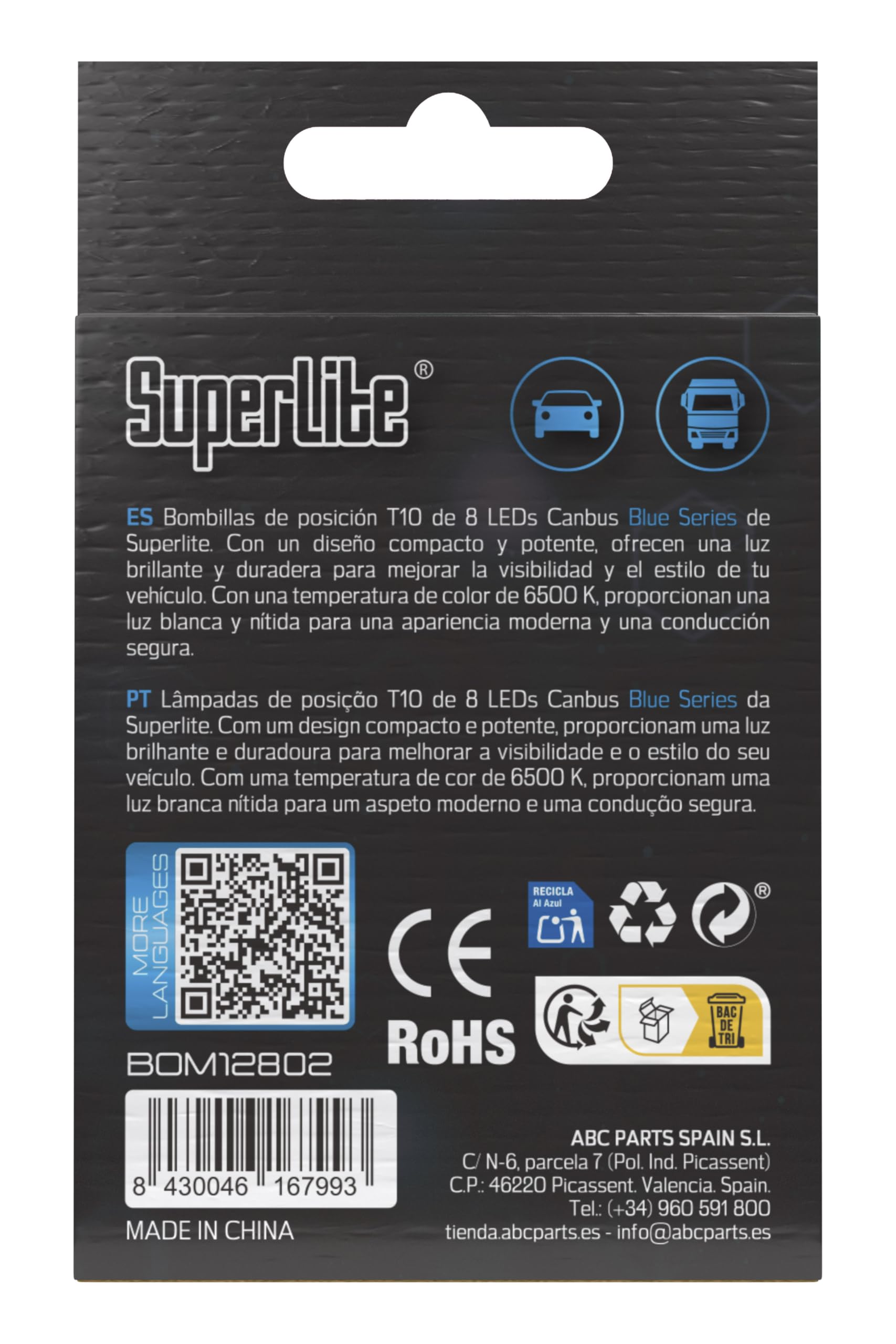 Superlite Set of 2 T10 Bulbs with 18 Leds from the Blue Series range. CanBus Technology and 6500K Colour Temperature. Ideal for Car and Truck.