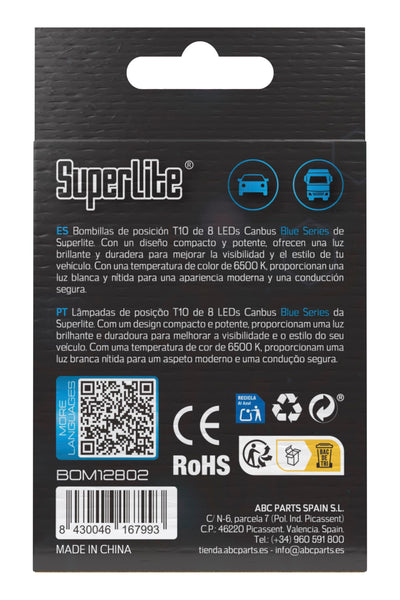 Superlite Set of 2 T10 Bulbs with 18 Leds from the Blue Series range. CanBus Technology and 6500K Colour Temperature. Ideal for Car and Truck.