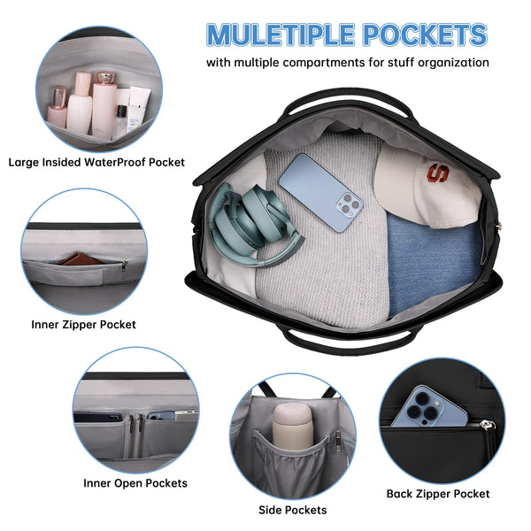 ETRONIK Weekend Overnight Bag for Women, Large Travel Duffle Bag with Shoe Compartment & Wet Pocket, Carry On Tote Bags Gym Duffel Bag with Toiletry Bags for Hospital 3 Pcs Set, Black