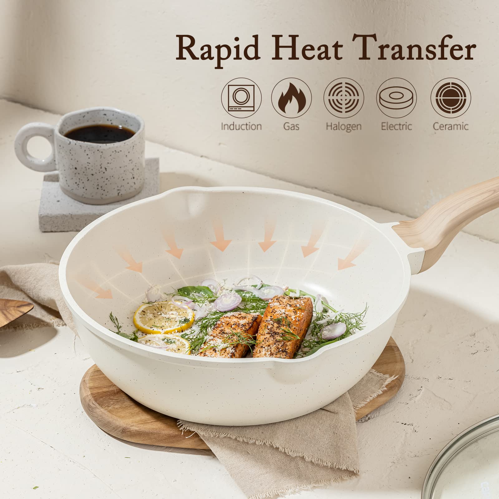 CAROTE Pots and Pans Sets Non Stick, 8 PCS White Granite Induction Hob Pan Set, Natural Non Toxic Cooking Cookware Set with Saucepan Set,Suitable for All Stoves