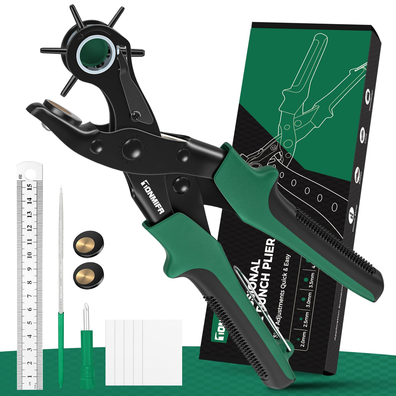 Professional Leather Hole Punch Plier - Tonmifr Heavy Duty 6 Sizes Belt & Watch Band Hole Puncher Tool, Leather Craft Tool for Belts, Handbags, Straps, Precision Ground Punches with Non-Slip Grips