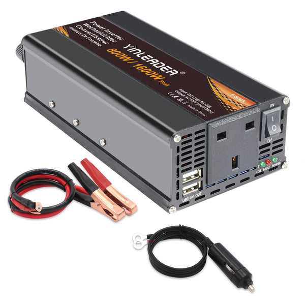 Yinleader Power Inverter 1600W DC 12V to AC 230V 240V Car Converter with UK AC Outlet and Dual USB Ports