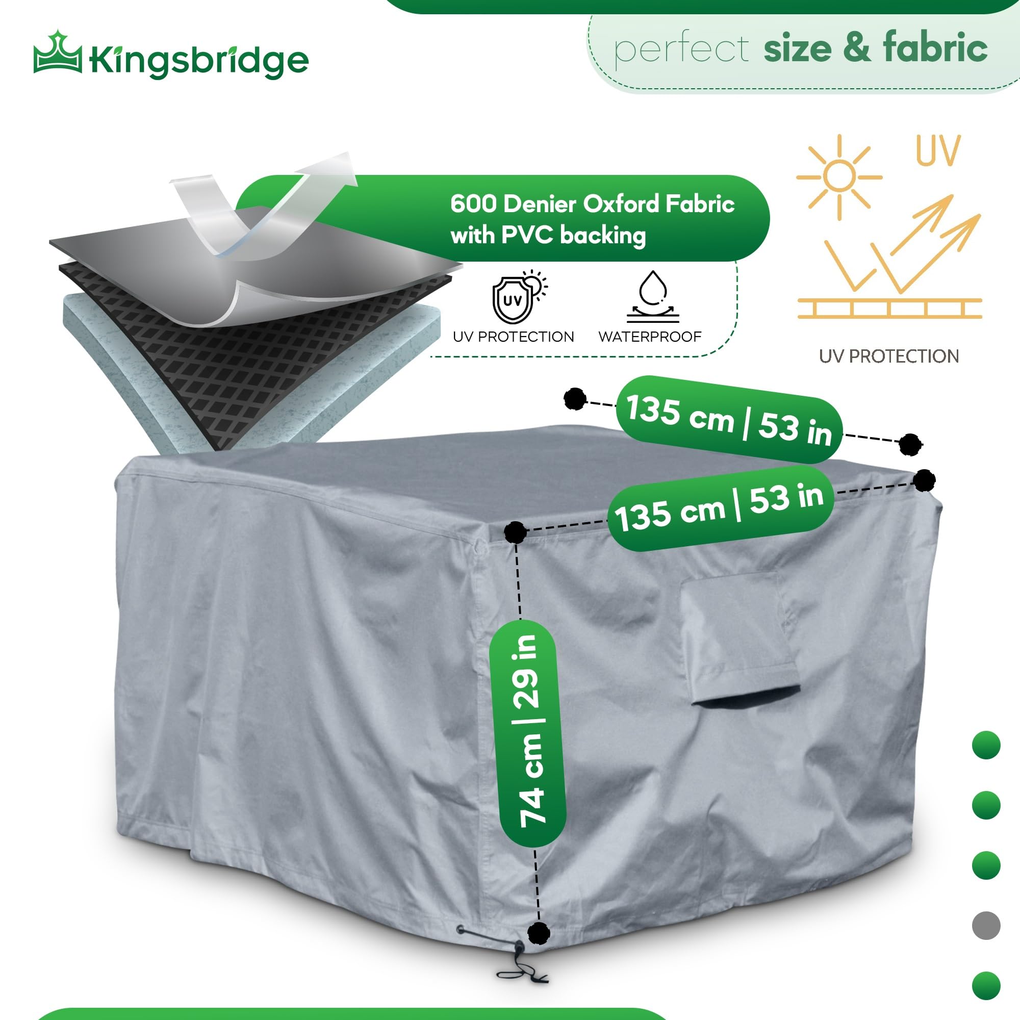 Kingsbridge Cube Garden Furniture Cover, 135cm, 600D Heavy Duty Fabric, Double Stitching, Waterproof, Anti UV, Breathable, Rip Proof, Grey Outdoor