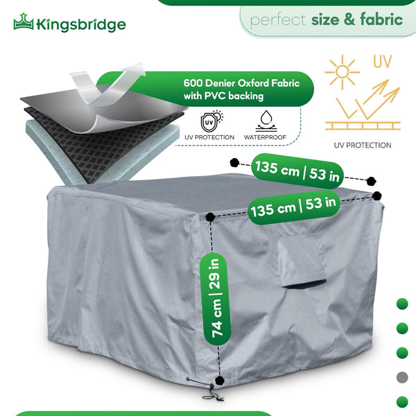 Kingsbridge Cube Garden Furniture Cover, 135cm, 600D Heavy Duty Fabric, Double Stitching, Waterproof, Anti UV, Breathable, Rip Proof, Grey Outdoor