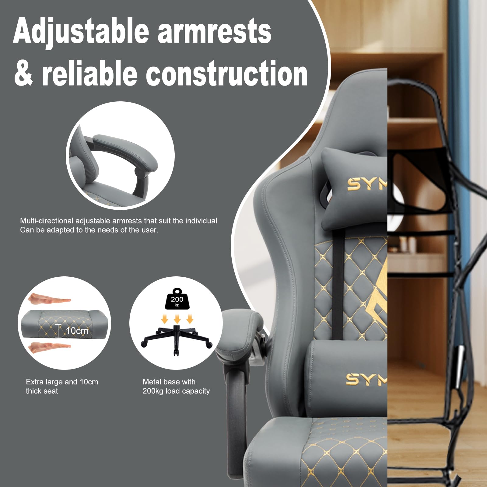 Symino Gaming Chair with Footrest, Computer Ergonomic Video Game Chair, Adjustable Swivel Task Chair with Lumbar Support, PC Chair, Office Chair PU Leather, Grey&White
