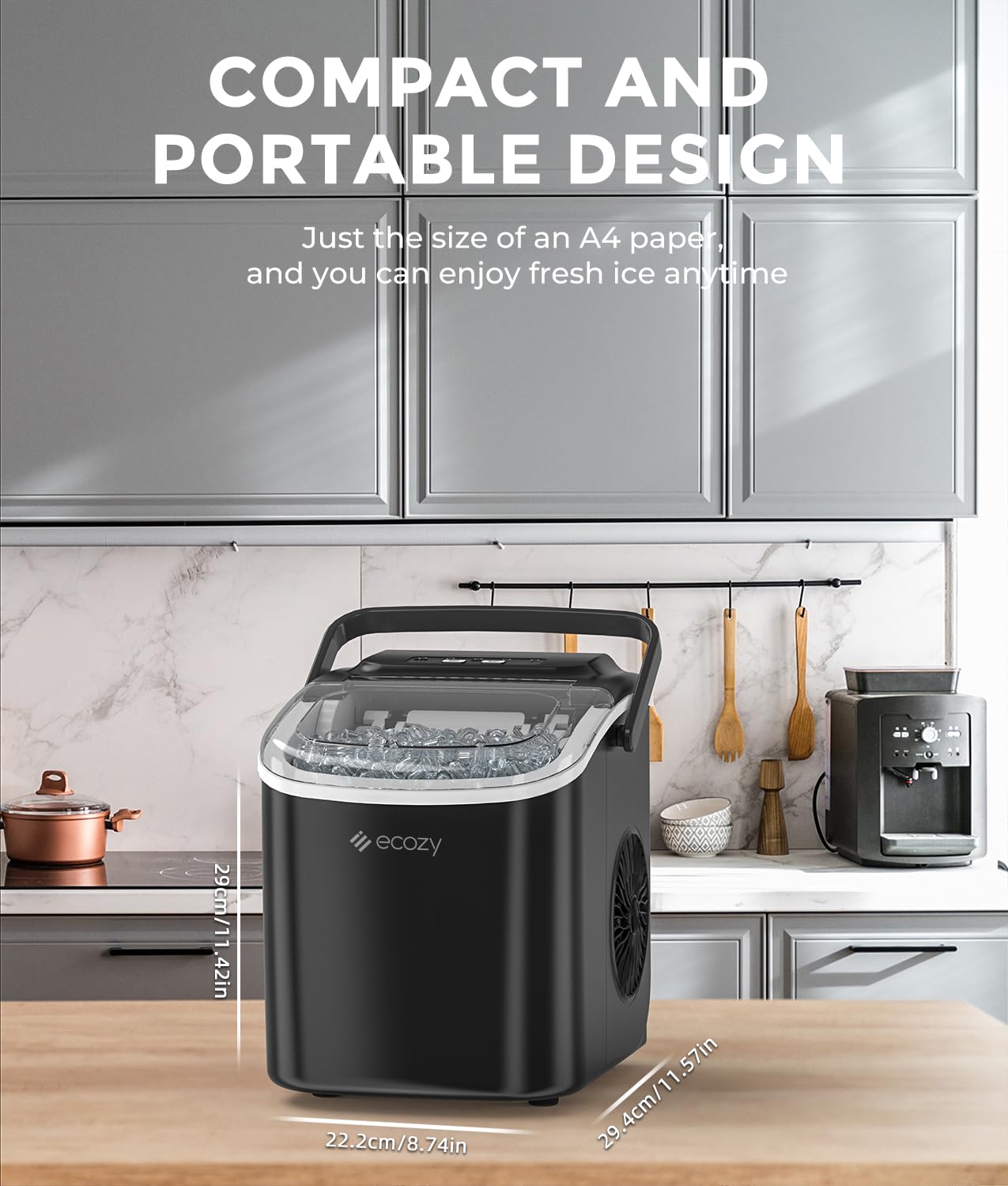 ecozy Ice Maker Machine, Portable Ice Machine, 9 Ice Cubes in 6 Mins, 12KG in 24Hrs, 2 Sizes of Ice, Self-Cleaning Ice Cube Maker, Countertop Ice Maker for Home/Office/Kitchen/Bar