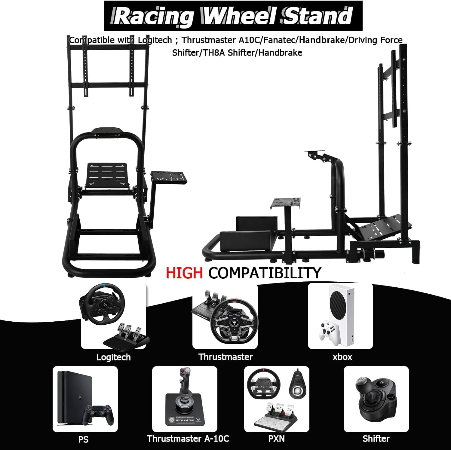 Minneer Flight Racing Simulator Cockpit with Monitor Mount Fit for Logitech Thrustmaster Fanatec G29 G920 G923 Racing, Enhanced Round Tube Steering Wheel Stand Not Included Wheel Pedal Handbrake Seat