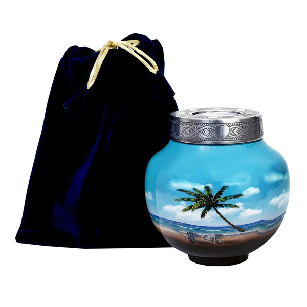 HLC Beach Urn Lovely Beach Urn Blue Palm Tree Design Cremation Urns for Human Ashes Cremation Sharing Urn to Remember Your Loved One Medium Funeral