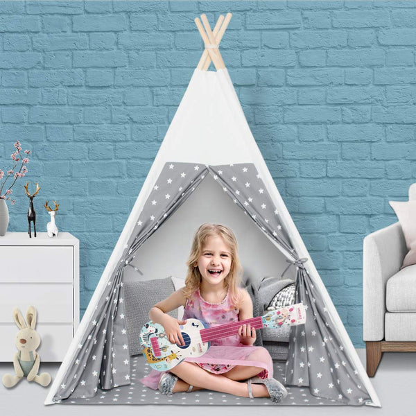Wilwolfer Teepee Tent for Kids Foldable Children Play Tent for Girl and Boy with Carry Case 4 Poles White Canvas Playhouse Toy for Indoor and Outdoor Games