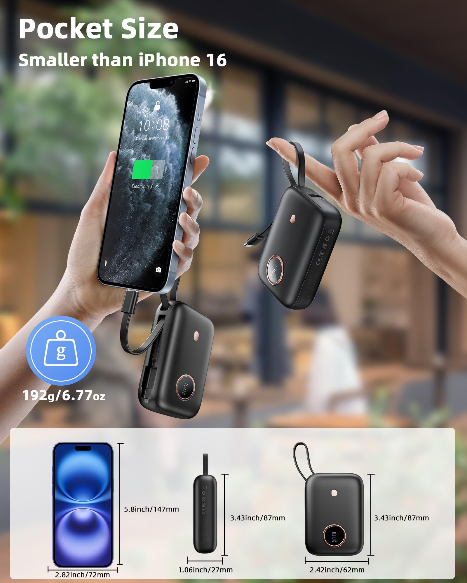 Power Bank Fast Charging 10000 mAh, 22.5W PD QC3.0 High-Speed Portable Charger, PowerBank With Built In Cable USB C, Pocket-Sized Battery Pack for iPhone 16/15, Samsung S23/S24 and More (Jet Black)