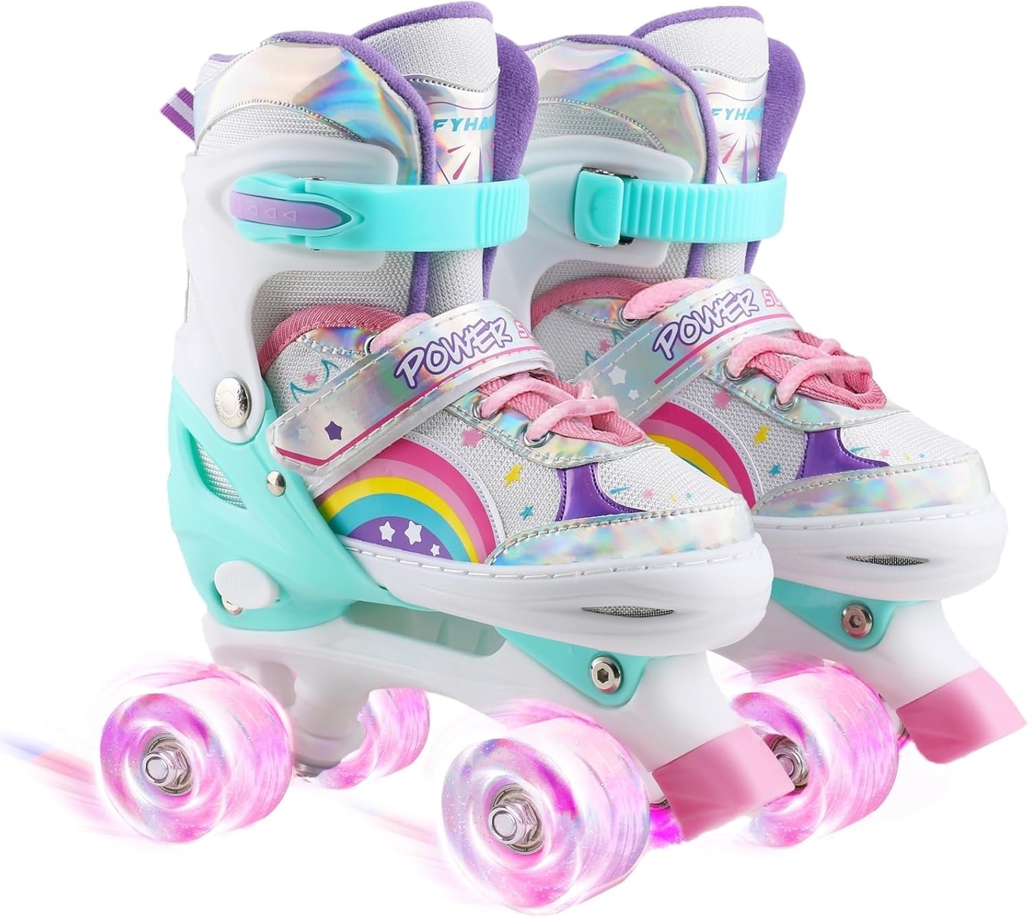 Adjustable Kids Roller Skates for Girls Children Beginners, 4 Sizes Adjustable Roller Skates Rainbow Color for Toddler Little Kids Child with All