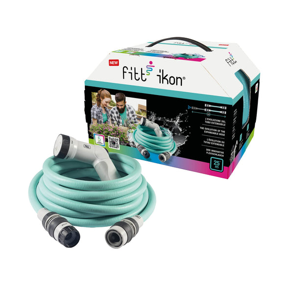 FITT IKON 25m, Garden Water Hose for Irrigation, Extensible, Compact, Light and Ready-to-use, with Multi-Jet Gun, Aquamarine