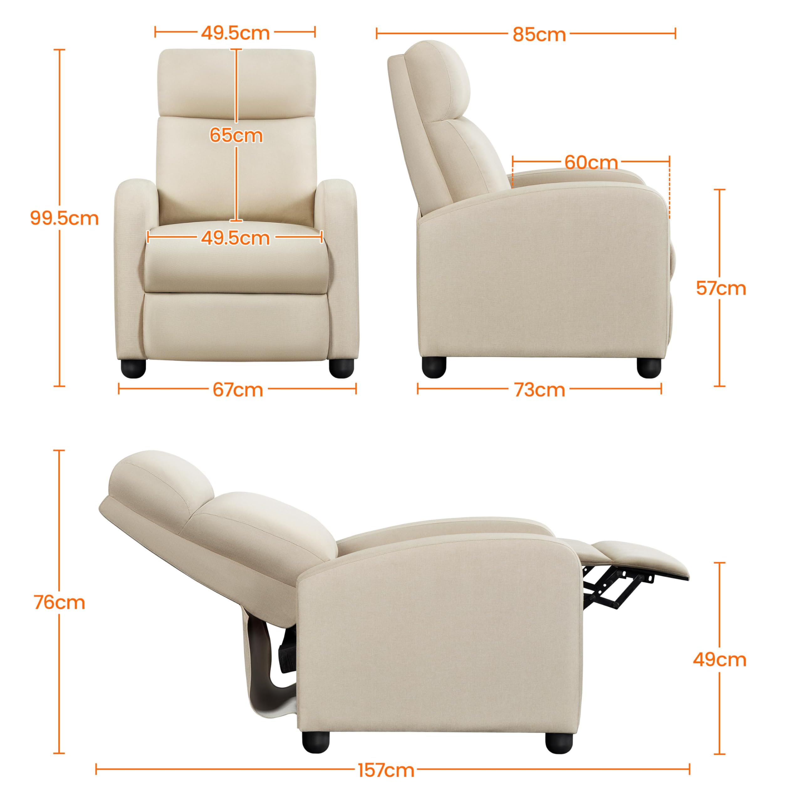 Yaheetech Recliner Armchair Single Padded Seat Boucle Fabric Sofa Lounge Home Living Room Theater Adjustable Leg Rest and Reclining Functions Ivory
