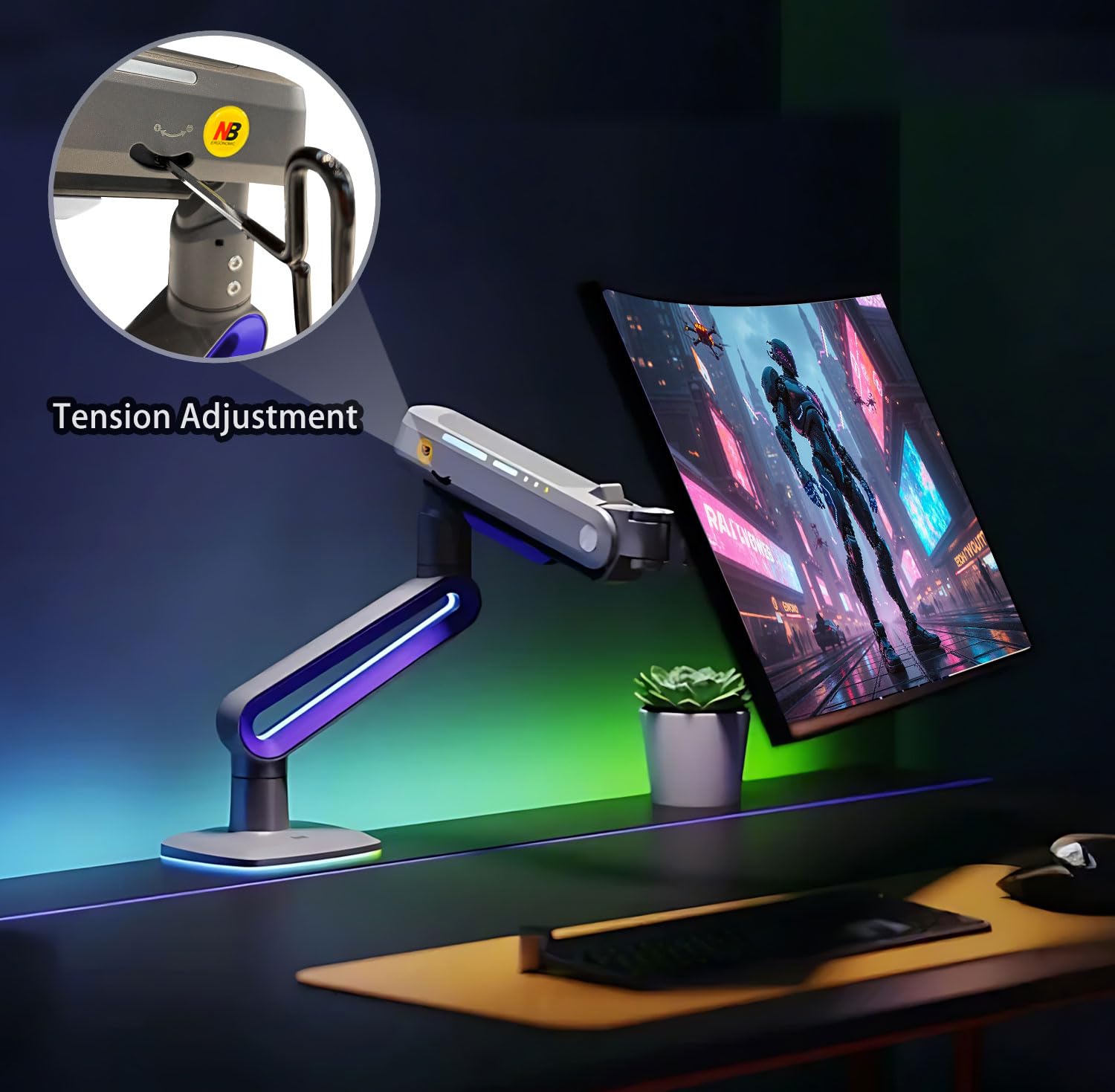 NB Ergonomic Monitor Stand for Screen 32 to 60 inch, RGB Ultrawide Curved Monitor Arm 49 57 inch - Load up to 20 kg, VESA 75 & 100 mm (Black)