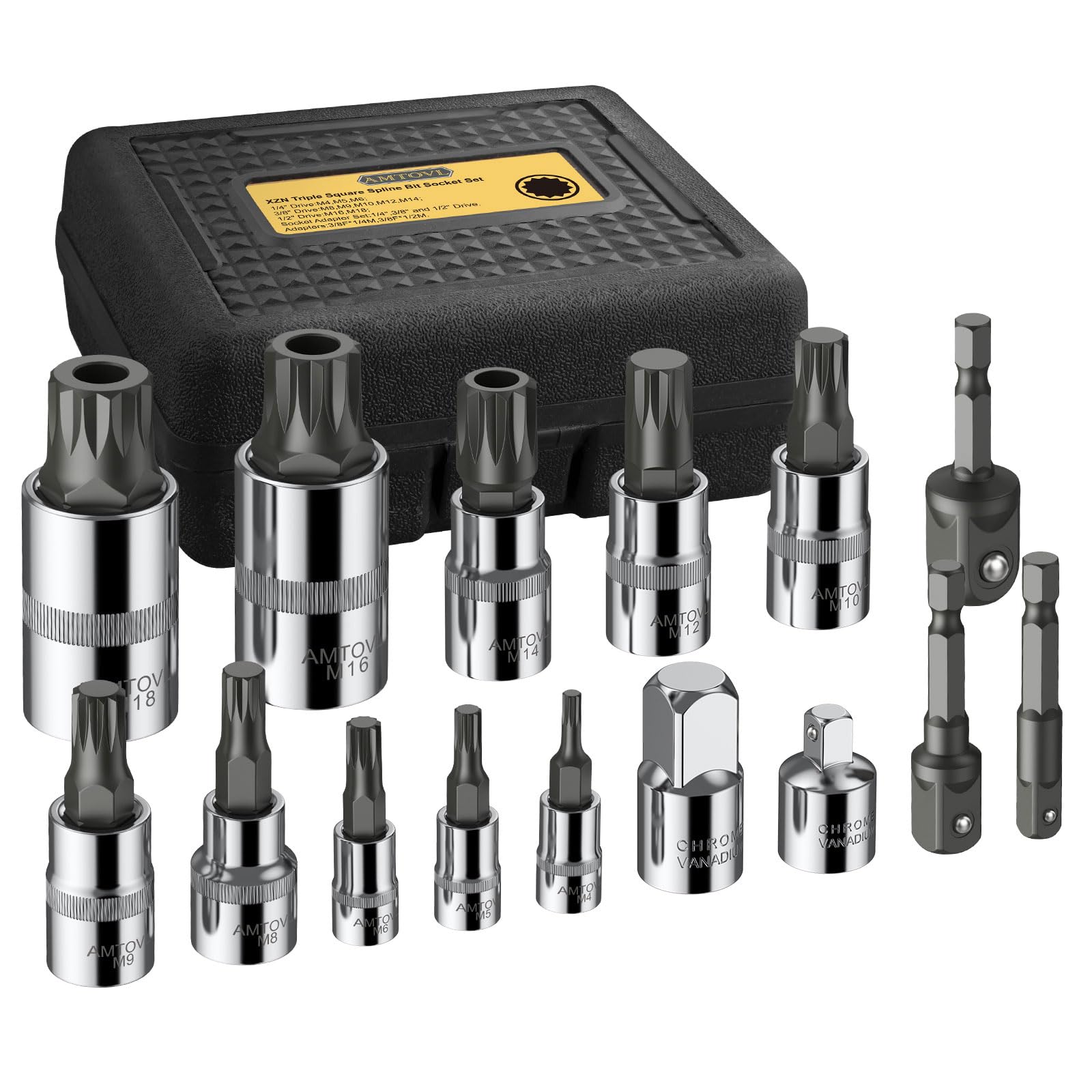 AMTOVL 15-Piece Triple Square Spline Bit Socket Set - S2 Alloy Steel & 50BV30 CRV XZN Bits - Includes 1/4", 3/8", 1/2" Drive Sizes (4,5,6,8,9,10,16,18mm) with Adapter - Fit for Automotive & DIY