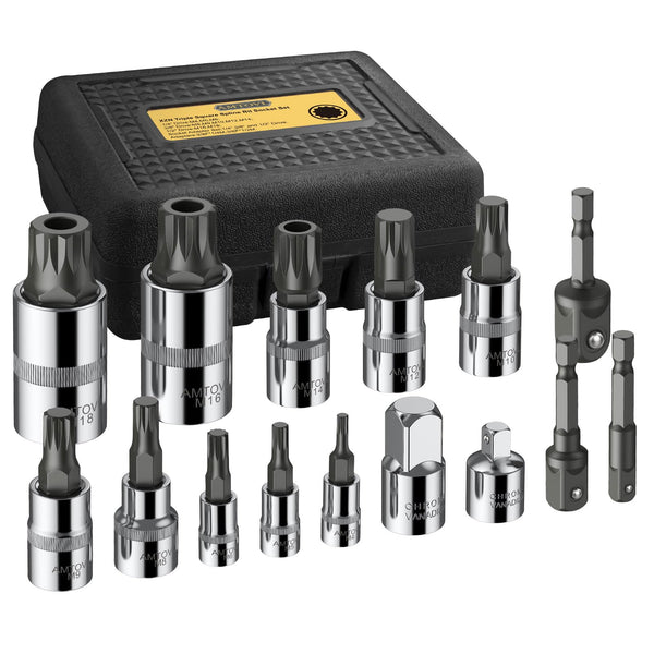 AMTOVL 15-Piece Triple Square Spline Bit Socket Set - S2 Alloy Steel & 50BV30 CRV XZN Bits - Includes 1/4", 3/8", 1/2" Drive Sizes (4,5,6,8,9,10,16,18mm) with Adapter - Fit for Automotive & DIY