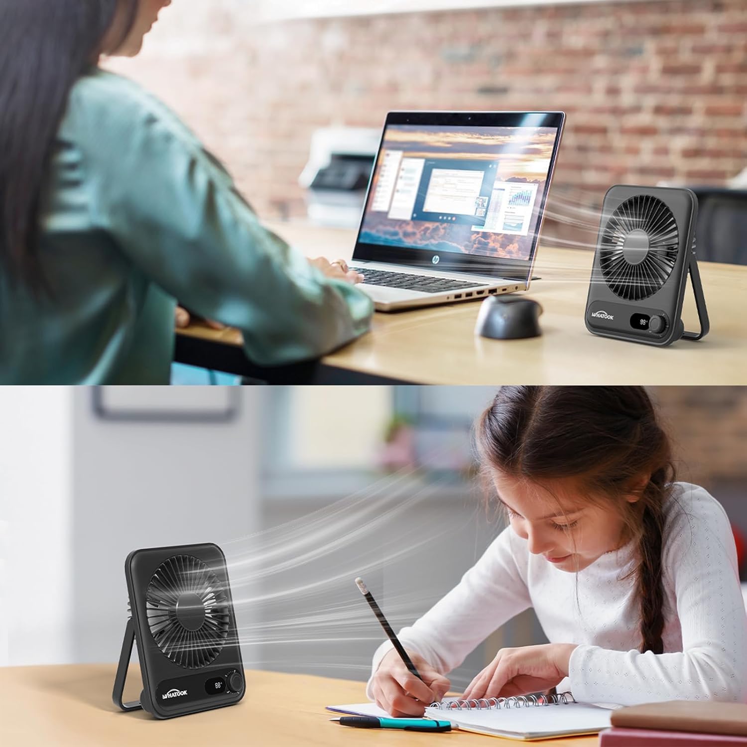 WHATOOK Mini Desk Fan USB: 2000mAh Rechargeable Ultra Quiet 1-100 Speeds Desktop Fans with LED Display, 3-10H Runtime, Child-Safe Grille Cooling Small Portable Table-Fan for Home, Office & Travel