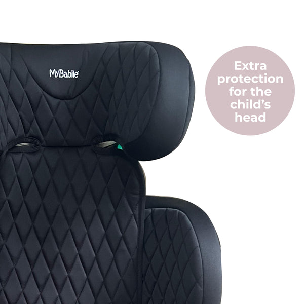 My Babiie Highback Booster Car Seat - ISOFIX, 100-150cm (Approx. 4-12 Years, Group 2/3), i-Size R129, Adjustable Child High Back Seat, Padded, 10 Position Headrest - Black Quilted