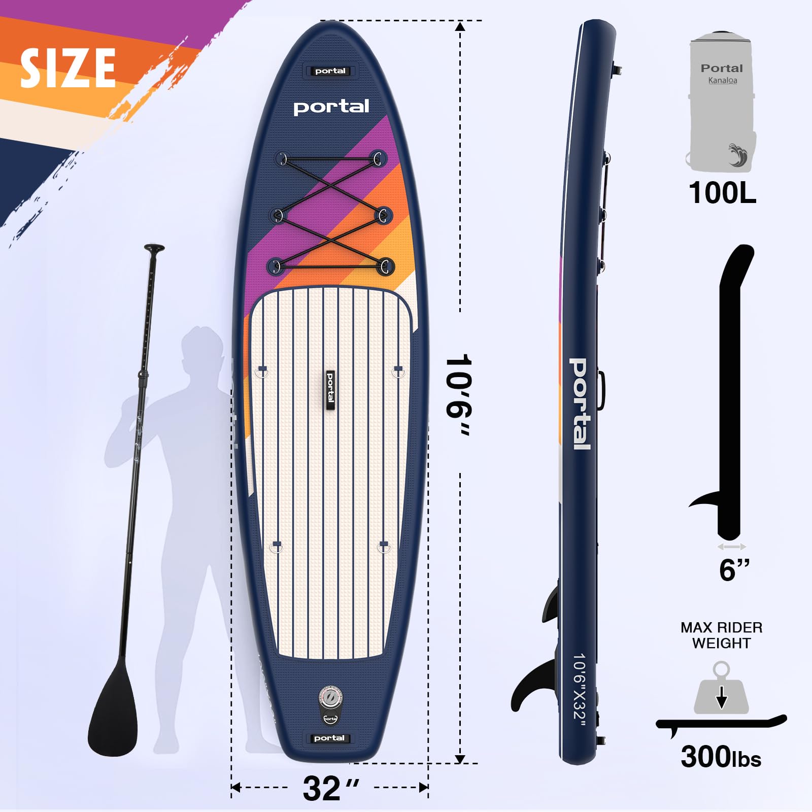 Portal Stand Up Paddle Board, 10'6x33 x6 Inflatable Paddle Boards with SUP Accessories Including Carry Bag, Hand Pump, Paddle, Leash, Fin, Repair Kit, Waterproof Phone Case