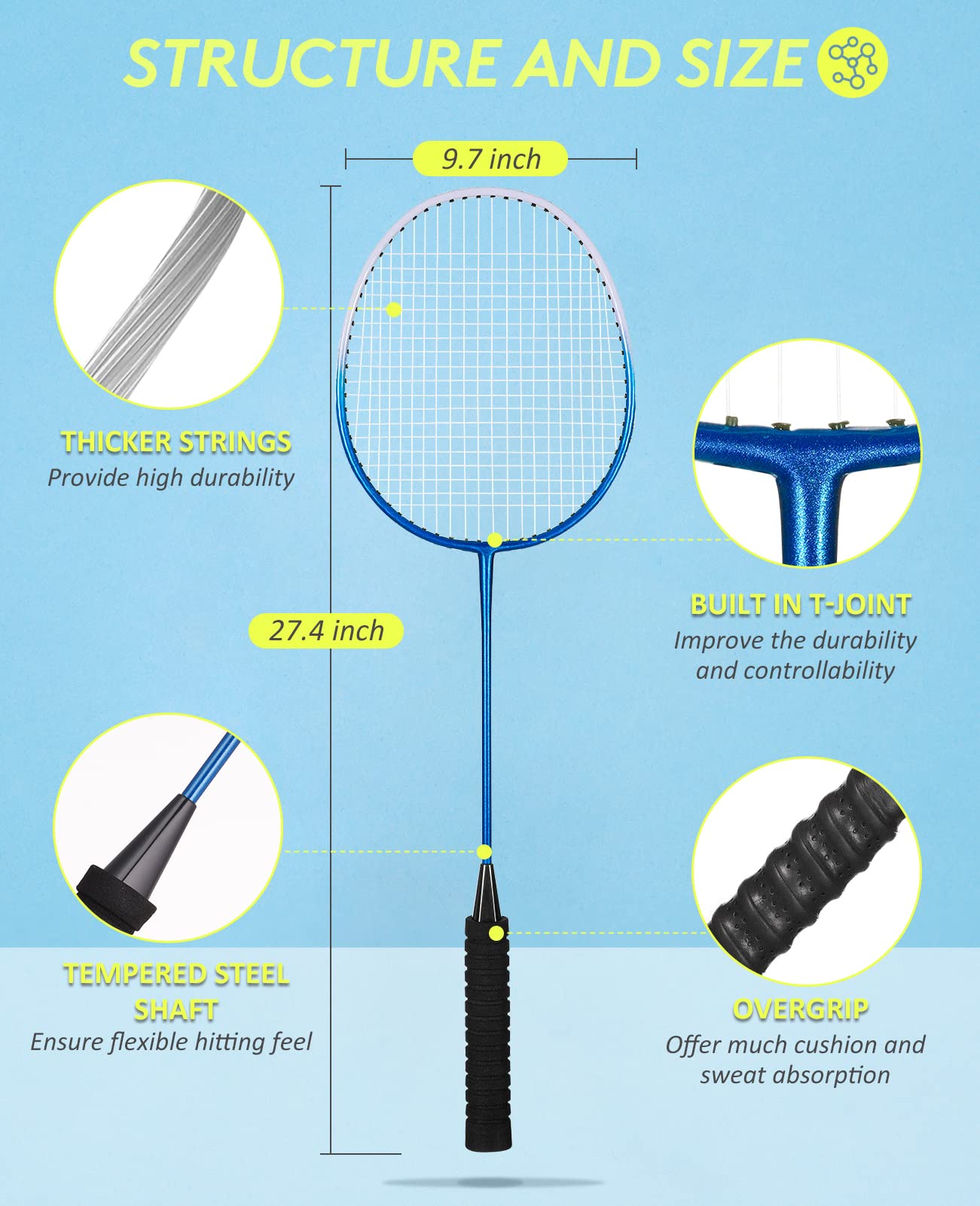 HIRALIY Badminton Rackets Set of 4 for Outdoor Backyard Games, Including 4 Rackets, 12 Nylon Shuttlecocks, 4 Replacement Grip Tapes and 1 Carrying Bag