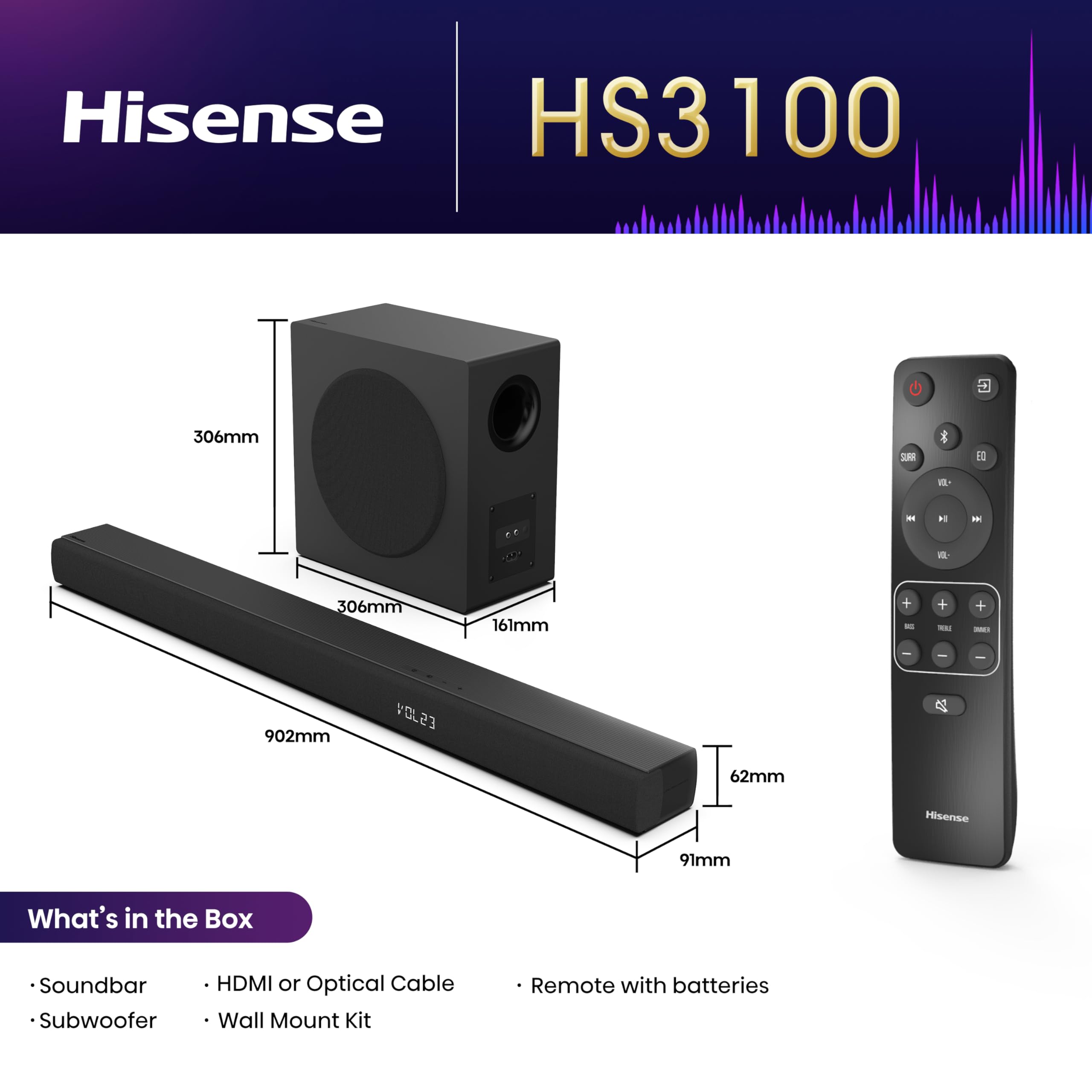 Hisense AX5125H 5.1.2 Channel 500W Dolby Atmos Soundbar with Wireless Subwoofer& Up Firing Speakers& Turly Wireless Rear Speakers