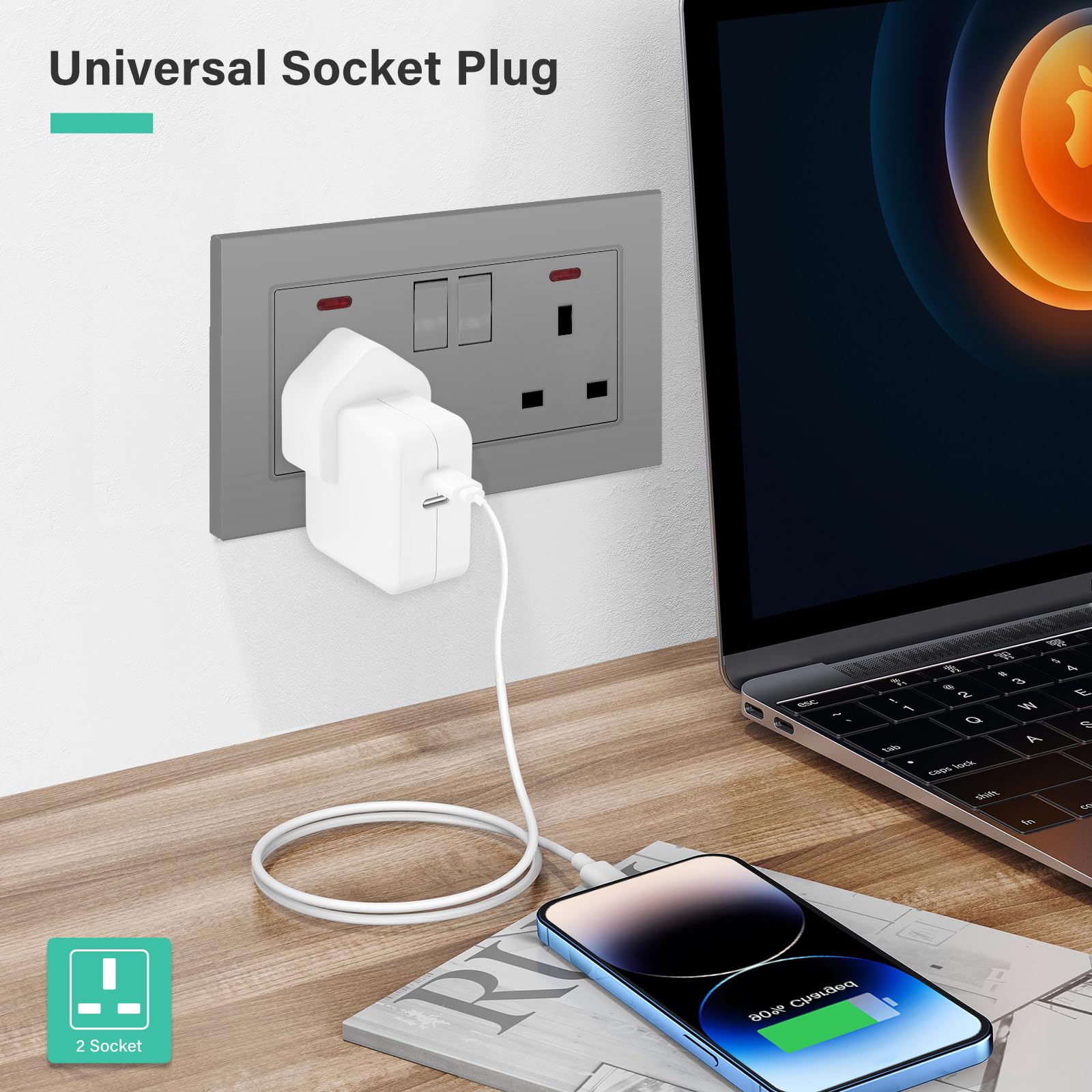 BSEED Double Socket 13A with LED Indicator, Double Switched Wall Socket 2 Gang UK Standard, Electric Switched Plug Power Wall Outlet with Glass Panel, Grey