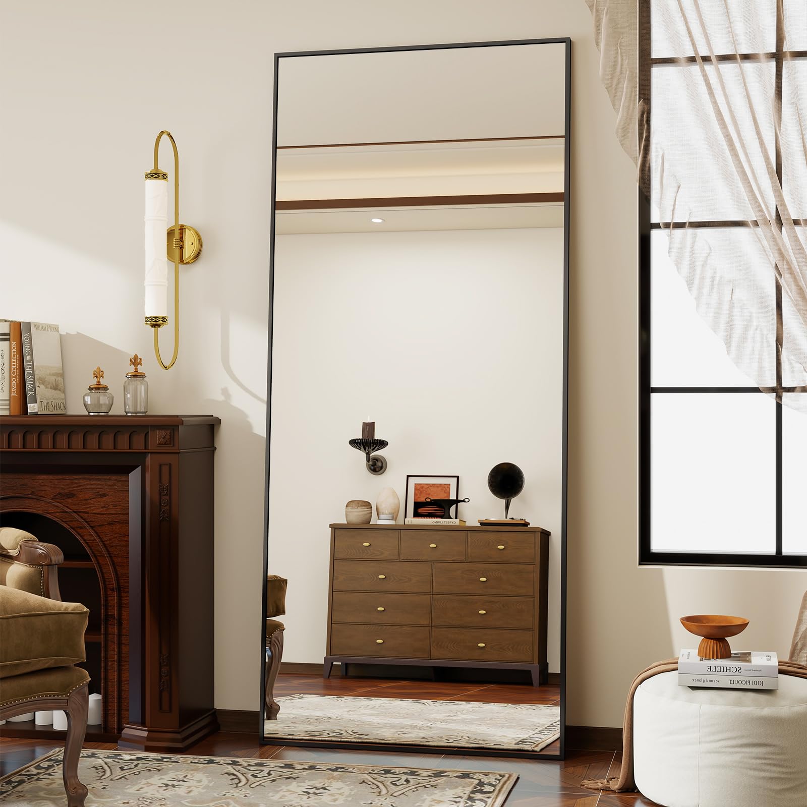 Koonmi Floor Mirror, 60x165 cm Full Length Mirror with Minimalist Narrow Aluminum Frame, Modern Large Wall Standing or Hanging for Living Room and