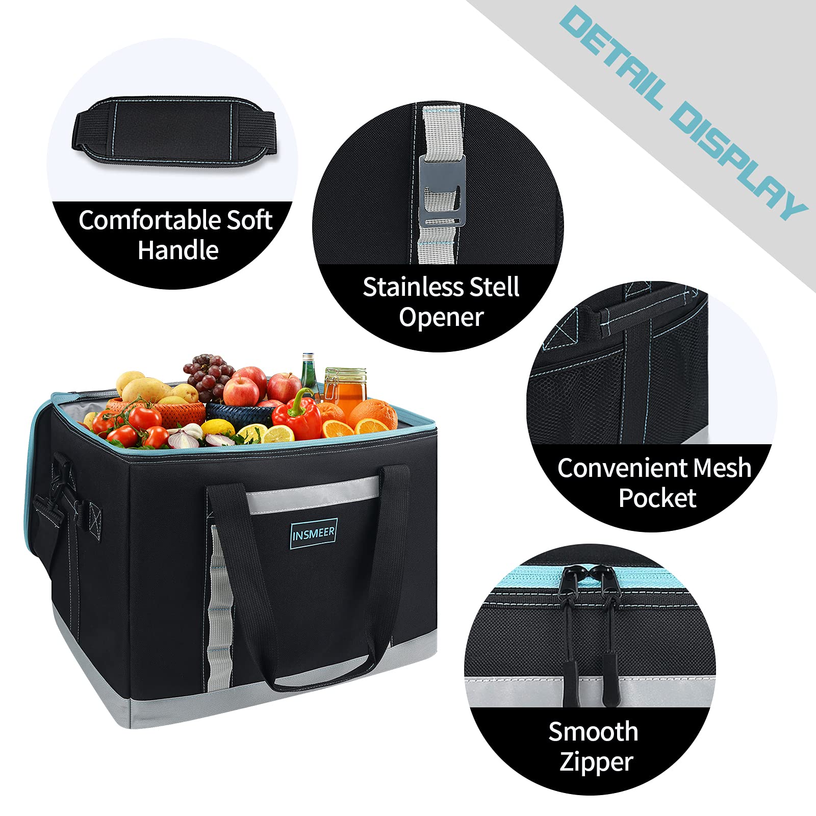 INSMEER Large Cooler Bag 65 Can, Soft Cooler Insulated 48L Foldable/Collapsible/Leakproof,with Opener&Removable Shoulder Strap, Portable Thermal Bag