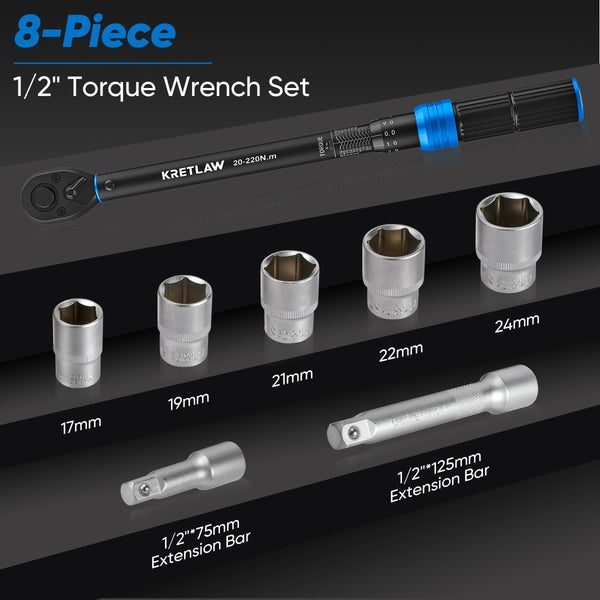 KRETLAW 3/8" Torque Wrench Set 30PCs, 5-60 Nm Drive Click Torque Wrench (72 Teeth ±3% Accuracy) with Extensions, Sockets, Adapter for Bike and Motorcycle Car Truck Maintenance