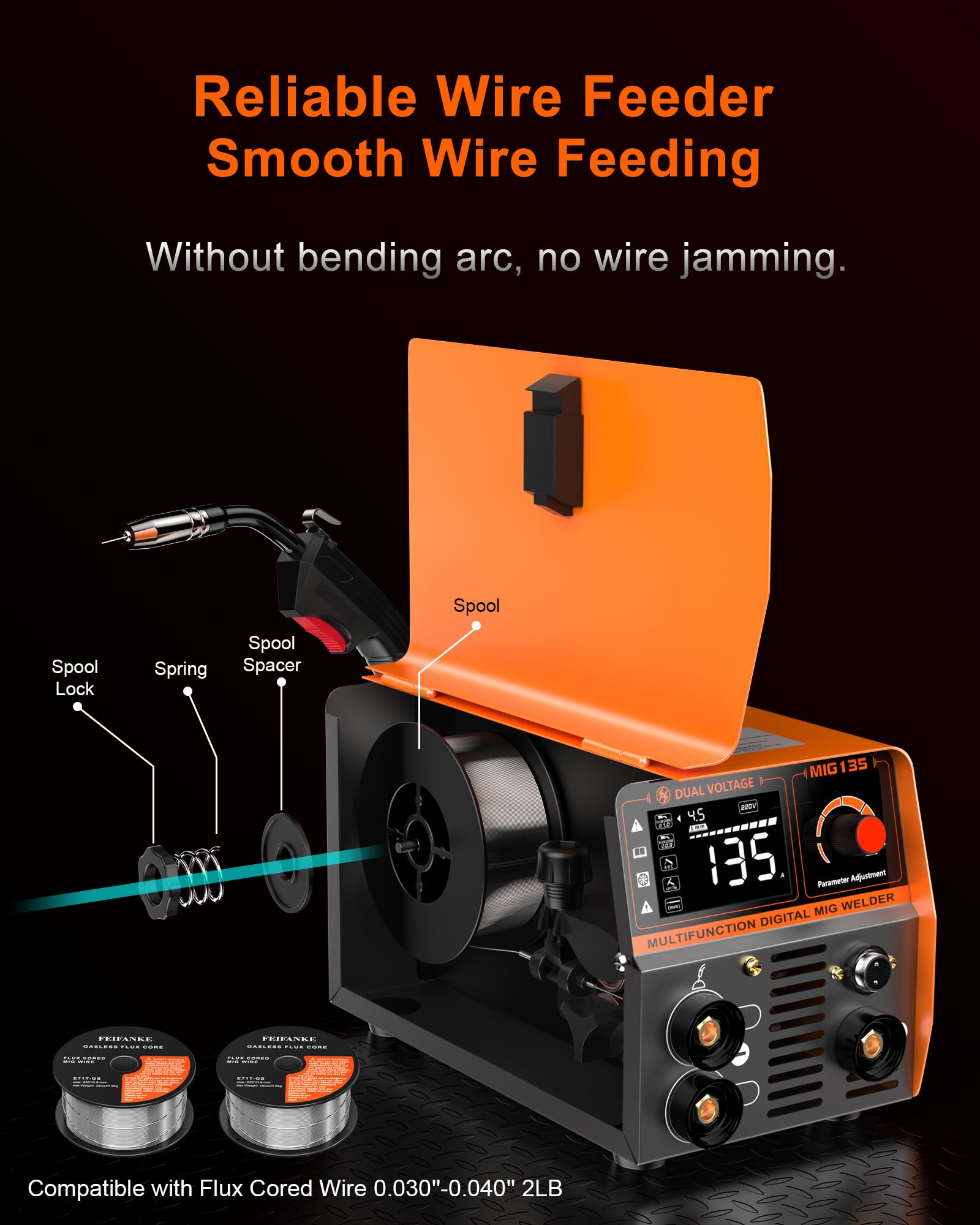 FEIFANKE Gasless MIG Welder 240V 145A Welding Machine MIG MAG 4 in 1 Gasless MIG/MIG/MMA/Lift TIG Welder Machine Inverter Synergy IGBT Suitable for 1.0-4.8mm Carbon Steel and Iron