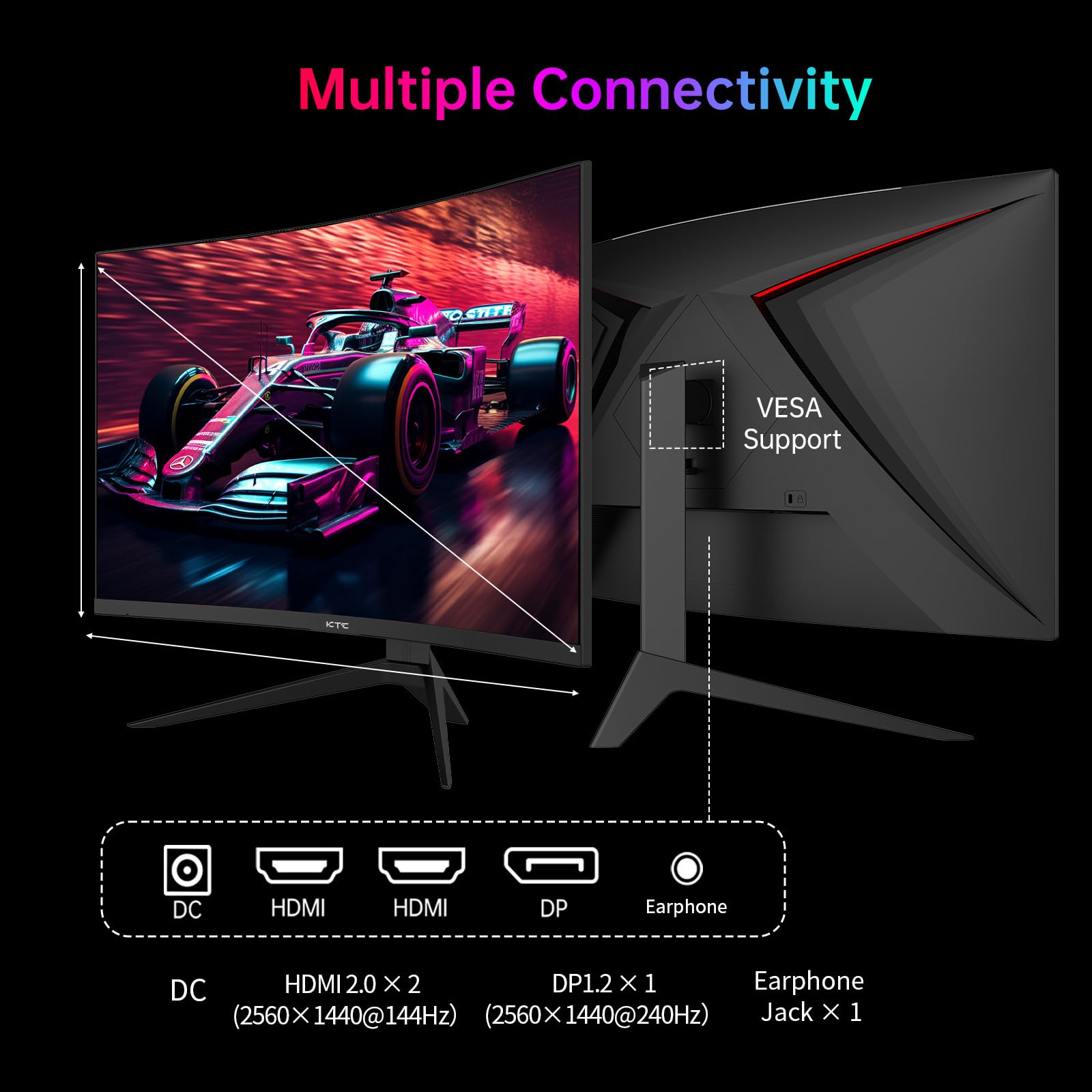 KTC Flat 32 Inch Monitor, QHD 1440P 2K@100Hz IPS Large Computer Monitor, Ultra Thin Bezels, Anti-Blue Light, HDR10, 103% sRGB, 86% DCI-P3, 350 Nits, 3ms MPRT, Adaptive Sync for Working and Gaming