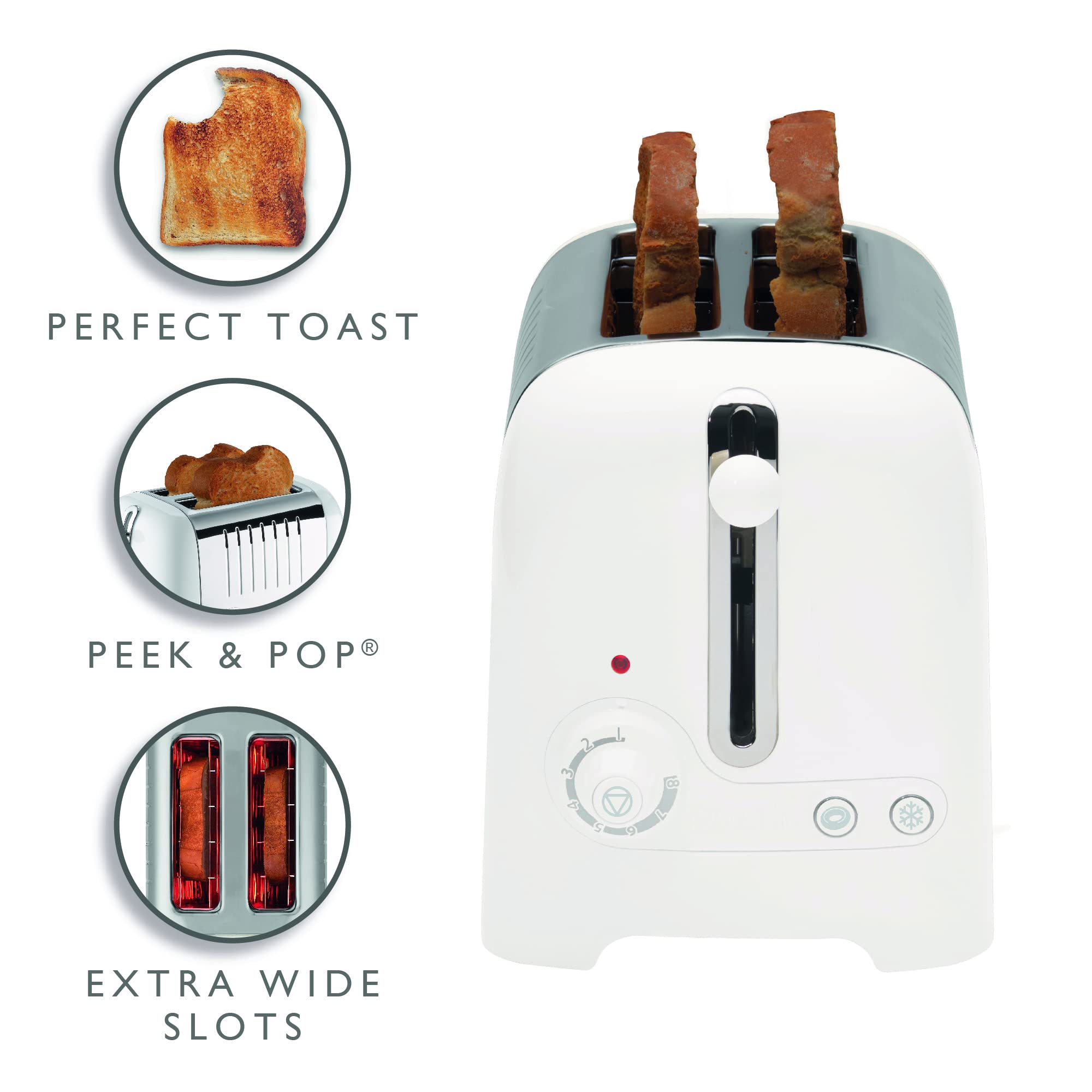 Dualit 2 Slice Lite Toaster | 1.1kW Toasts 60 Slices an Hour | Polished with High Gloss White Trim | Bagel & Defrost Settings | 36 mm Wide Slots |