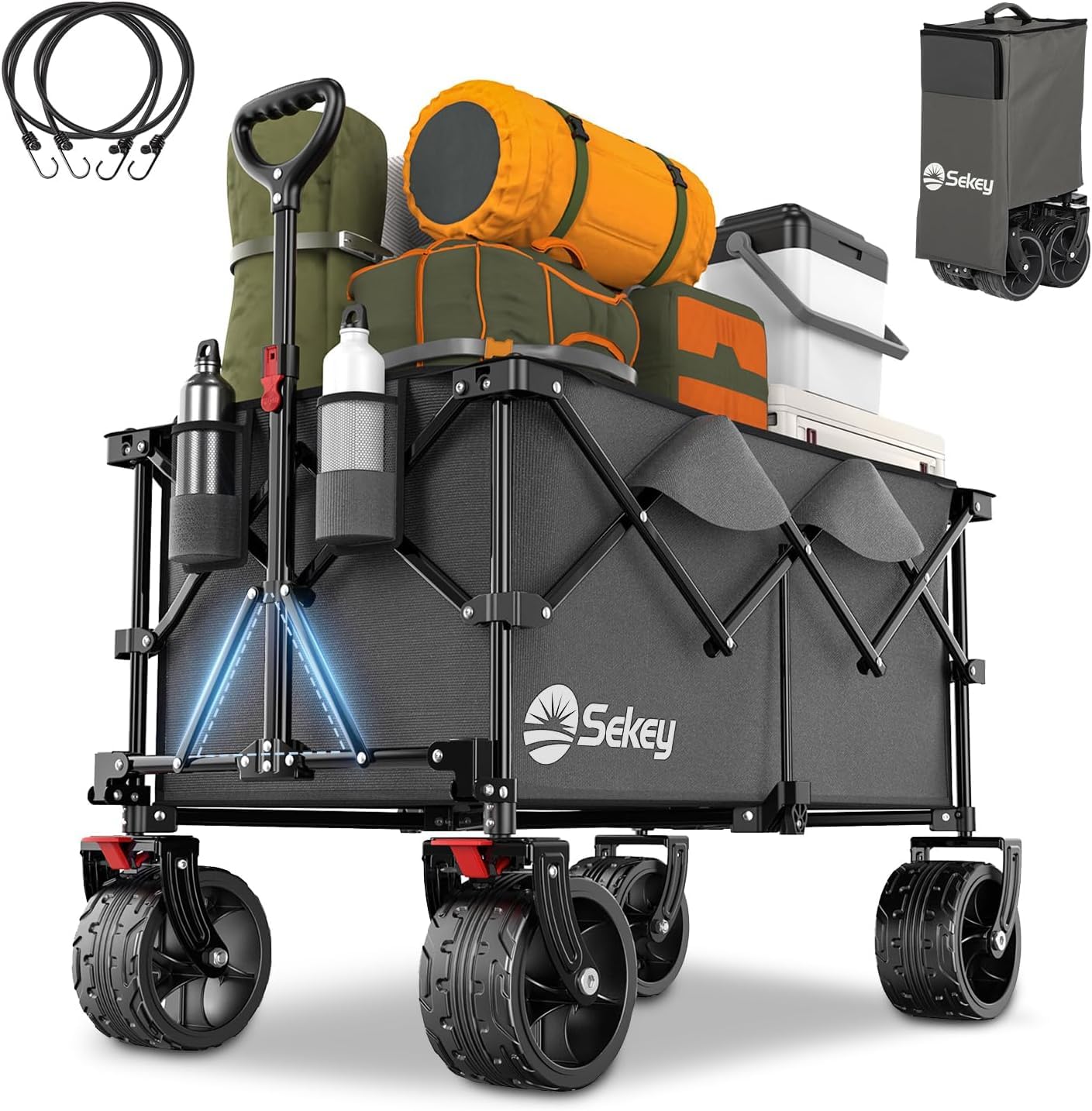 Sekey 200L Folding Festival Trolley with All-Terrain Extra Wide Wheels and Brake, Heavy-Duty Cart Loadable up to 150KG, Patented Four-Directional Foldable Design, Wagon for Beach Camping Outdoor, Grey