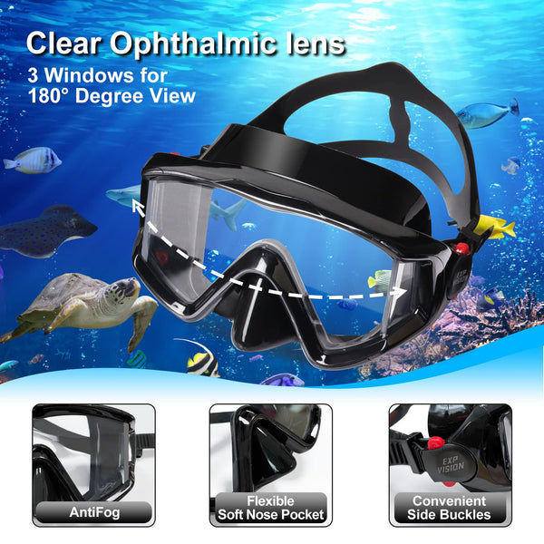 Dry Snorkel Set, Pano 3 Window Snorkel Mask, Anti-Fog Scuba Diving Goggles and Snorkel, Professional Adult Snorkeling Swim Mask Gear (Black Set)