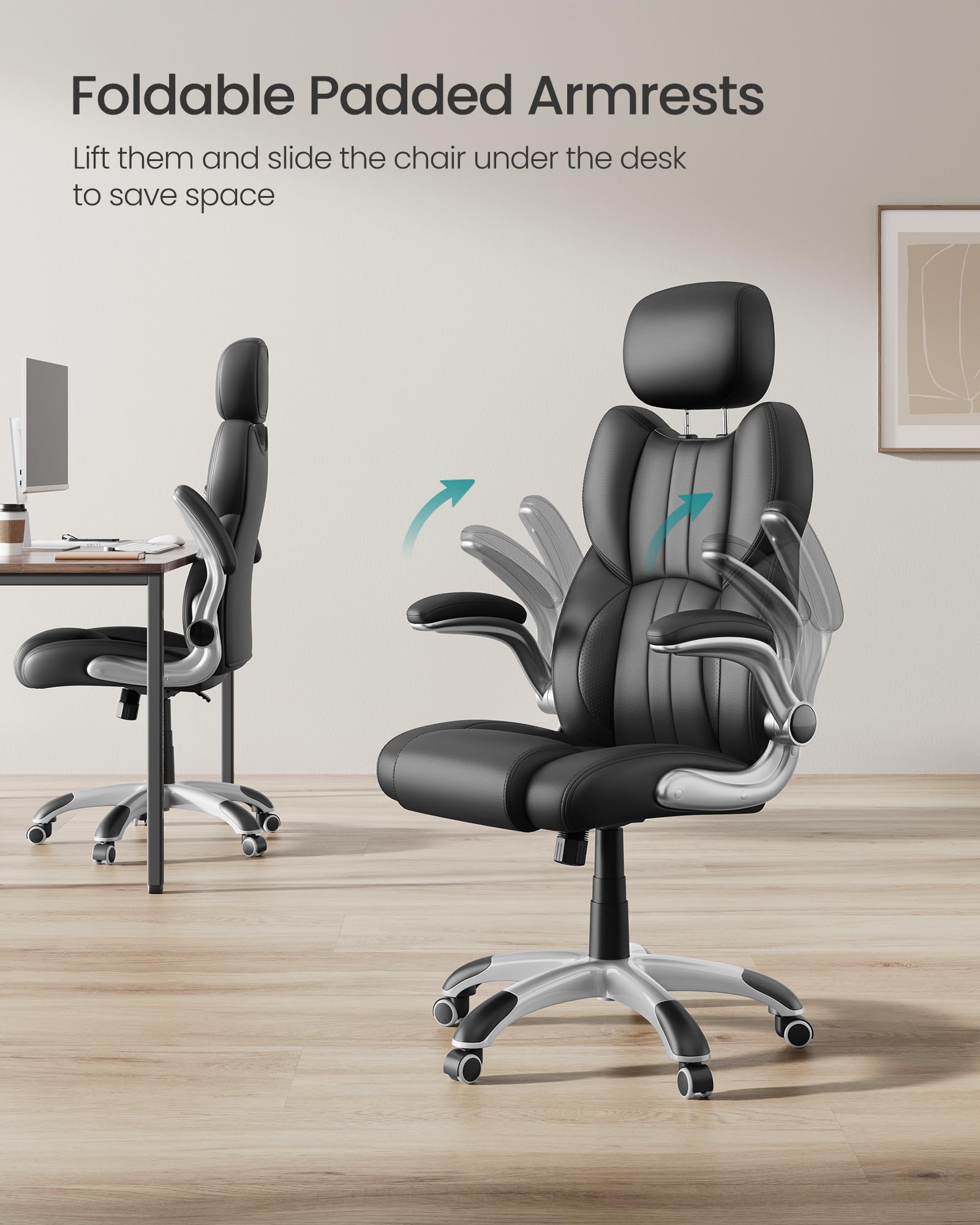 SONGMICS Office Chair, Ergonomic Gaming Chair, Adjustable Headrest, Tilt Function, Foldable Armrests, Swivel Castors, Adjustable Height, E-sports Chair, Ink Black OBG65BKUK